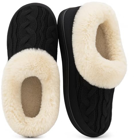 VeraCosy Ladies' Warm Knitted Faux Suede Memory Foam Moc Slippers Winter Cashmere Collar House Shoes Black,8 UK