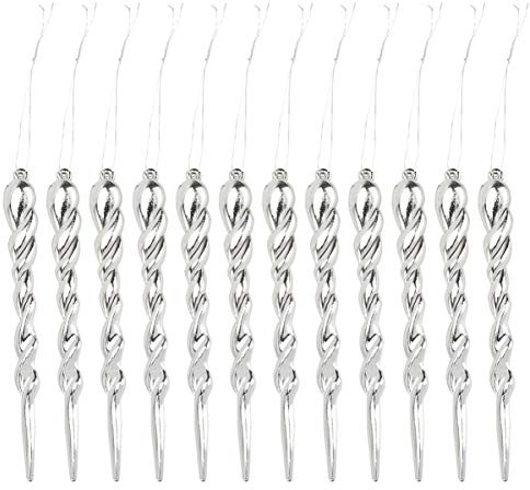 TENDYCOCO 12Pcs Christmas Hanging Ornament Plastic Drop Pendants Xmas Tree Shatterproof Icicles Decoration (Silver)