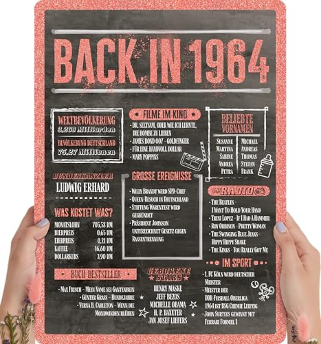62 Geburtstag Frauen Rosegold Holzbild Back in 1964 personalisierbar zum Hinstellen/Aufhängen opt. beleuchtet, 62 Geburtstag Frau Deko, 62tes Jubiläum, 62. Jahrestag, 62ter Ehrentag Jahreschronik 1964
