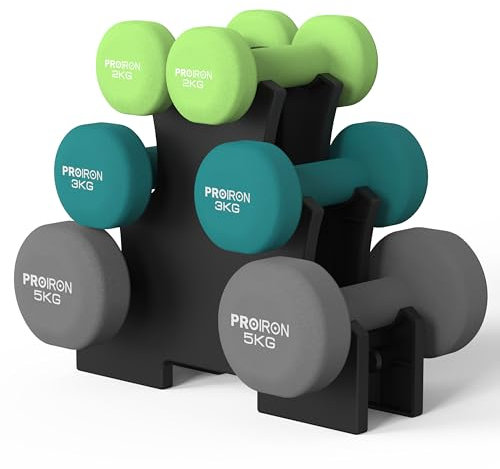 PROIRON Neopren Hanteln Kurzhanteln Frauen Hantelset Kleine Hantel Kurzhantel Set mit Ständer (3er-Set)(2KG, 3KG,5KG im Paar)