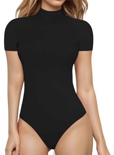 MANGOPOP Women's Mock Turtle Neck Bodysuit Short Sleeve Body Suits Basic T shirts Clothing Tops (Black, Small)