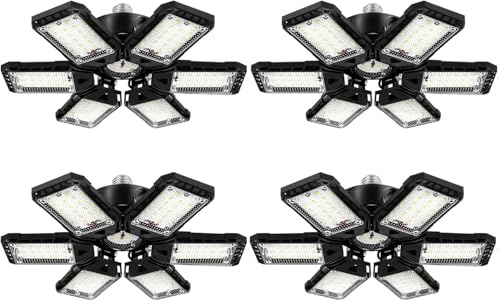 Aoretic LED Garage Lights 4 Pack -180W, 18000LM 6500K Led Shop Light with 6+1 Deformable Panels, Basement Barn Light Garage Ceiling Lights, E26/E27 for Garages, Warehouse, Shop