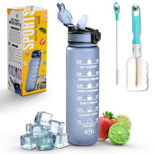 Roe Tenpo Sports Water Bottle with Straw and Time Marking, and 32OZ Capacity - Motivational and Eco-Friendly BPA-Free Bottle for Running, Gym, Yoga, Outdoors, and Camping (Style-1, Grey)