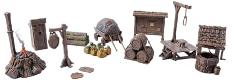 3D Vikings Ensemble d'articles de ville - Accessoires complets pour D&D Warhammer - Puits, toilettes, panneaux, fourche, tableau de journaux, chariot