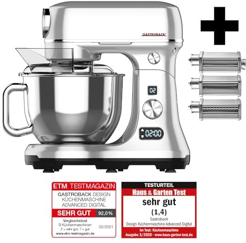 GASTROBACK Design Küchenmaschine Advanced Digital 20-teilig – Mit 5L Edelstahl, Keramik Rührschüssel, Doppelknethaken & Fleischwolfaufsatz 600W, Premium Food Processor für Pasta, Brot & Mehr