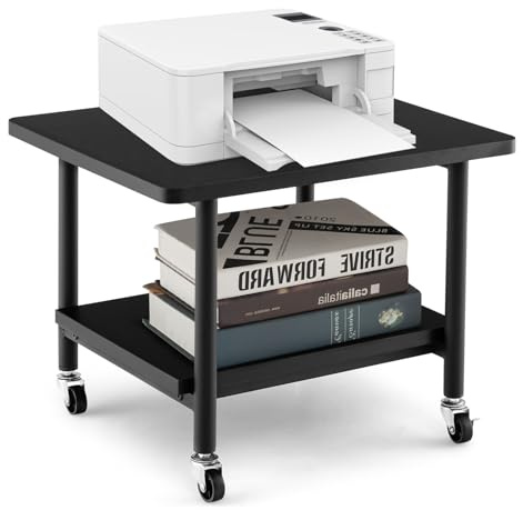 CASART 2 Tier Printer Stand, Rolling Printer Table with Lockable Wheels and Open Shelves, Metal Frame Mobile Printer Cart for Home Office Study (Black)