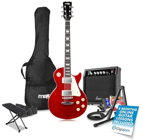 Max Gigkit SC Style Beginner Electric Guitar Package – Complete Guitar Starter Pack with Dark Red Finish, Ideal for Beginners, Includes Accessories and 6 Months of Online Lessons