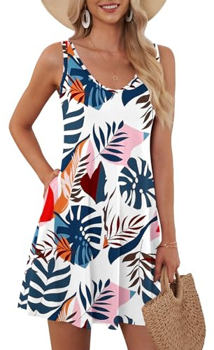 AUSELILY Robe d'été pour Femmes Robe de Plage sans Manches Robe légère et évasée Robe Mini à Encolure en V Plantain Bleu 3XL
