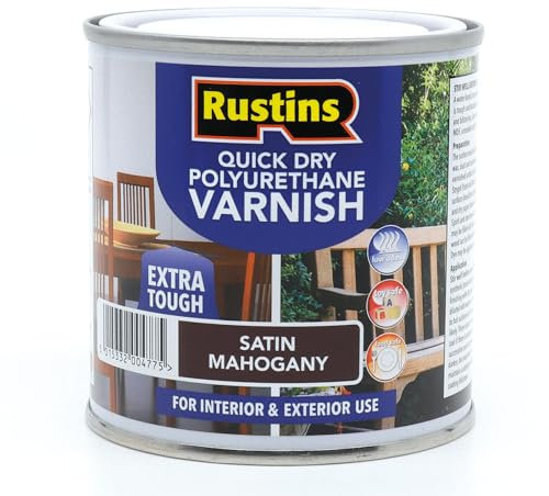 RustinsQuick Dry Poly Varnish Satin Mahogany 250ml -Tough, Water-Based Clear Finish in Gloss, Matt or Satin; Durable Protection for Interior Wood, Furniture and Floors