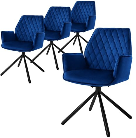 ML-Design matsalsstolar set om 4 sammet mörkblå, vardagsrumsstol med arm och ryggstöd, snurrstol bilposition, stoppad stol med metallben, ergonomisk/snurrfåtölj, köksstol lounge stol