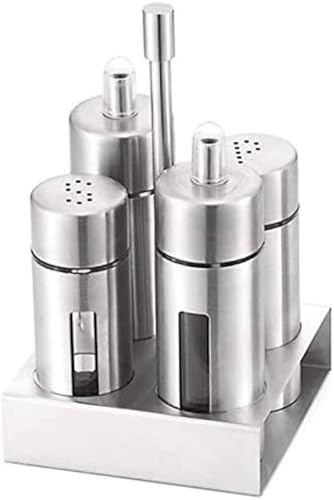 Stainless Steel Cruet Set for Salt Oil Vinegar Pepper Bottle Set for The Kitchen 4 Seasoning Containers and 1 Stand
