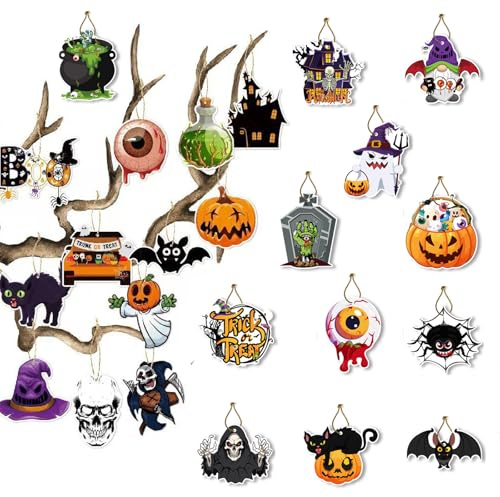 KASESSS Halloween Dekoration für Baum, 24 Stück Mini Halloween Baumschmuck, 24 Stile DIY Halloween Hängende Dekoration mit Seilen Horror Halloween Anhänger Dekoration für Bäume Türen Partydekorationen