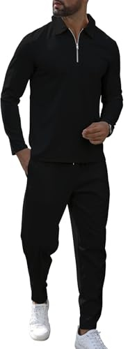 KUYIGO Tuta da uomo polo con cerniera a 1/4, 2 pezzi, a maniche lunghe, felpa e jogger, casual, top a nido d'ape, pantaloni sportivi, abbigliamento sportivo da golf, taglie S-XXL, Nero, S