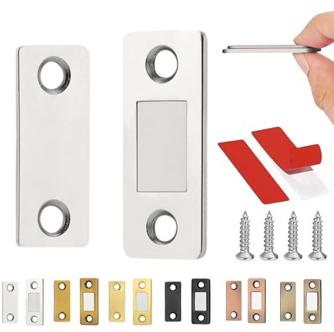 Ultra-Thin Invisible Cabinet Door Magnets, Ultra Thin Magnetic Door Catch, Cabinet Door Magnets Stick On, Magnetic Door Latch for Cabinet Doors/Drawers/Dressers (4 Pack,Silver)
