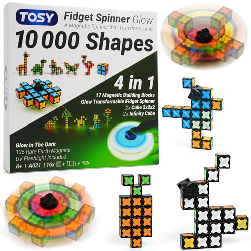 TOSY Magnet Fidget Spinner Glow - 16 blocks, 3in1 Toy: Transformable Fidget Spinner, Infinity/Puzzle Cube, Easter Birthday Gift for Kids/Adults, Glowing STEM Sensory Stress Relief