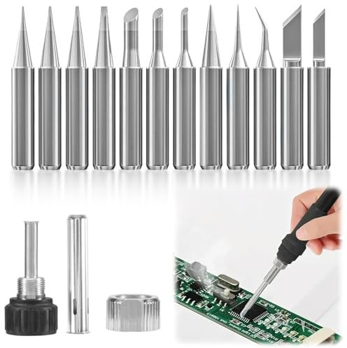 SIWOKJJO 12 Stück 900M Lötkolben mit 3 Stück Schweißhülse, Lötkolben Spitzen - Ersatzlötspitzen für Lötstationen, Bleifreie Lötspitzen Set Soldering Tips für Schweißgeräte & Zubehör