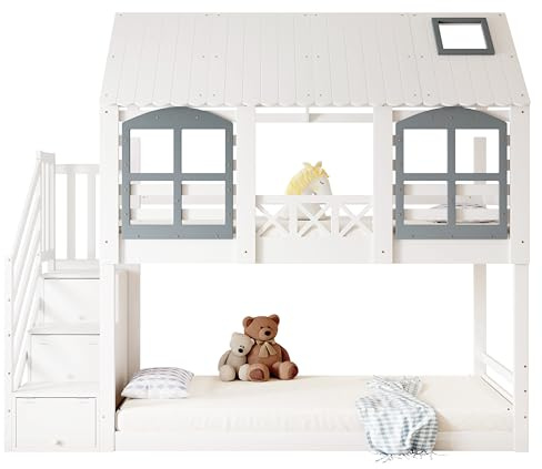 Zenithpath Etagenbett, Kinderbett, Kinderbett mit Dach und Fenster, mit Fallschutzgitter, mit 3 Schließfächer in der Treppe, Reichlich Stauraum, Kiefer+MDF, Weiß+Grau, 90x200cm
