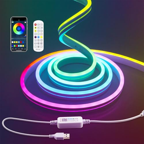 Aclorol 2M USB RGB Neon LED Streifen Wasserdicht LED Schlauch Dimmbar mit Fernbedienung und App-Steuerung Musik Sync Neon Rope Light für Küche Gartenhaus Spiele Wand Dekoration Indirekte Beleuchtung