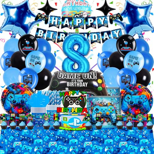 Videospiel Geburtstag Deko 8 Jahre - 93 Teilige Geburtstagsparty Ballon Set, Gaming Geschirr in Blau und Schwarz, Hochwertig & Umweltfreundlich, ideal für Kindergeburtstagsfeiern und thematische Event