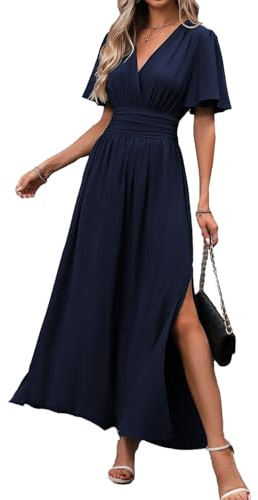 JENJON Femme Robe Longue Col V Elegant Manches Courtes d'été Taille Haute Plissée Elastique Casual Fente Maxi Robes