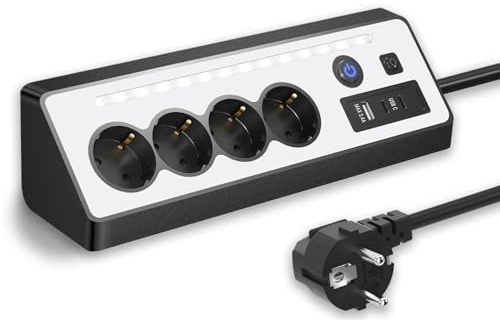 Ecksteckdose, Desktop Steckdosenleiste, 4 Fach Mehrfachsteckdose mit USB und 2 Type-C, Steckerleiste Überspannungsschutz mit LED,Mehrfachstecker 1.5M Kabel für Küche Büro Schwarz