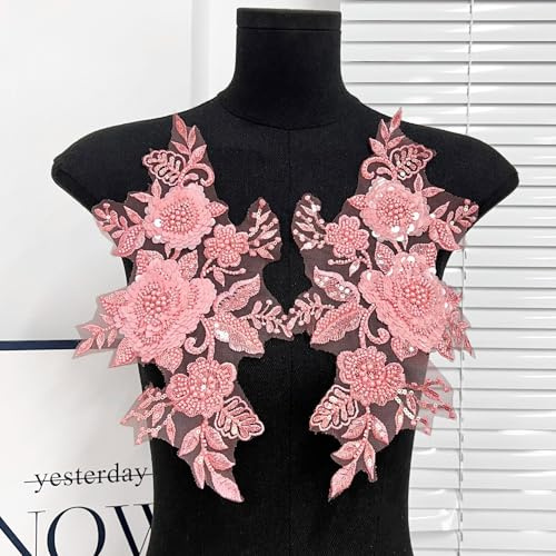 G-RUI 2 Stück/Paar Perlen Pailletten Stickerei Blume Spitze Applikationen für Hochzeitskleider Strass Spitze Applikation Patches Stickerei Parches Ropa für Kleidung (Rosa)