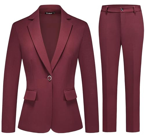 TRONSTORE 2-teiliges Damen-Outfit Business formelle Blazer-Hosenanzüge für Frauen, einfarbig, leicht glänzend, Weinrot, Groß