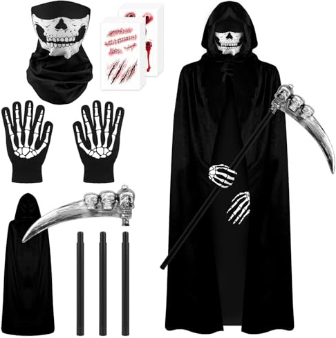 DERAYEE Costume de Faucheuse d'Halloween avec 150CM Cape à Capuche,Masque de Crâne,Faucille,Gants de Squelette et Autocollant de Tatouage de Plaie,Costume de Mort pour Cosplay Halloween