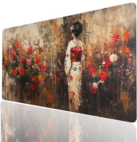 Japan Mouse mat Geisha Gaming Mouse Pad Large 64 x 32 x 0.12 Inch Stitched Edges Washable, Desk Mat Non-Slip Rubber Base, Mousepad Improves Speed Precision for Laptop PC Wireless Keyboard Model-02140