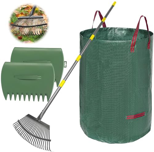 186 cm Laubharke für Blätter, 25 Zinken Metall Laubrechen Set mit, 120 Liter Laubsäcken und Laubgreifer, Laubbesen 45 cm breit, Rechen für Gartenarbeit Rasen Hof Outdoor Camping Sträucher Gras Busch