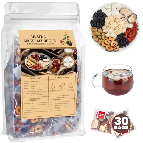 Kidney Tea Formula Ginseng Six Treasure Tea, Ginseng & Mulberry Herbal Tea, Kidney Cleanse Detox & Repair, Traditional Chinese Herbal Tea Bags, Five Treasures Teas For Men Women (30 Bags/1 Pack)