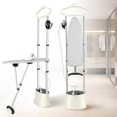 Standing Steamer for Clothes Full-Size Standing Garment Steamer 25s Fast Heat-up with Rotating Ironing Head 1.6L/54 fl.oz Water Tank, Self-cleaning Function, Foldable Ironing Board, Ironing Gloves