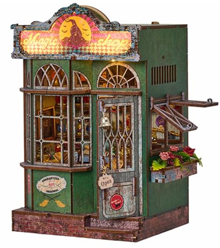 Sagiterra DIY Miniatur Puppenhaus Bausatz, Bücherregal Bausatz, 3D Holzregal Dekoration für Familie und Freunde, Bücherregal Dekoration für Halloween/Weihnachten (Green Atelier)