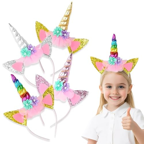 JYNVO Einhorn Haarreif Kinder, Einhorn Stirnband, 4 Stück Unicorn Horn Stirnband, Haarschmuck für Ostern Geburtstag Party Karneval, Head Accessoires Party Dekoration