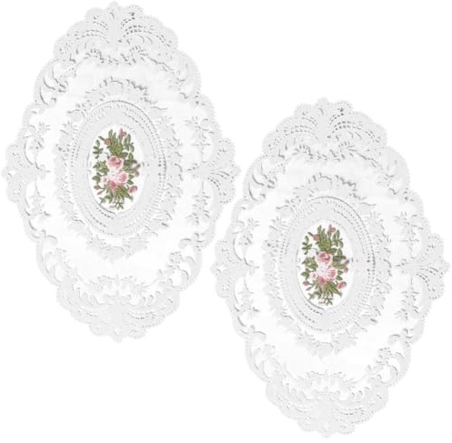 CREATCABIN 2 Mantel Individual de Encaje Bordado Tapete de Encaje Retro Tapete de Ganchillo Francés de Algodón Ovalado Taza de Té Vintage Jarrón de Flores Decoración de Ganchillo para Fiestas 27x21cm