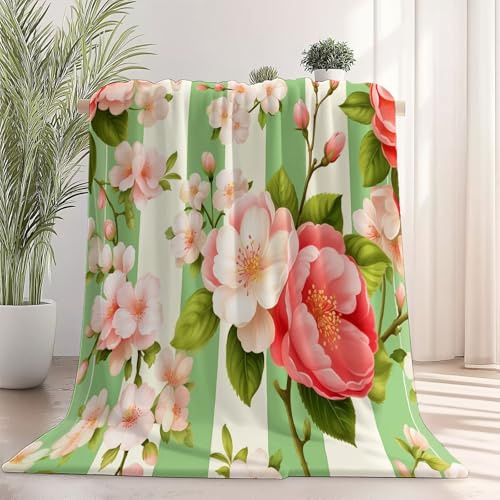 Couverture 150 X 200 Cm Style Nordique Fleurs De Pommier Sauvage Feuilles Vertes Rose Vert En Microfibre – Douce Floconneuse Facile À Lavoir En Machine – Idéale Pour Canapé Lit Salon Chambre D’Enfants
