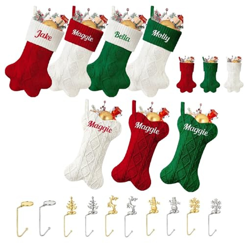 papasgix Weihnachtsstrumpf Personalisiert mit Name Nikolausstrumpf 46cm große gestrickte Weihnachtssocken Icon Christmas Stockings Weihnachtskarte Haken Weihnachtsdeko (1PC Bunt Pfote-Name)