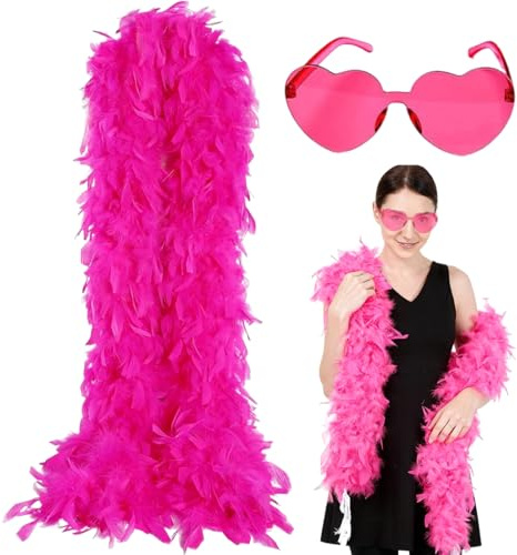 1 Pezzi Boa di piume colorate da donna lungo 2 metri+Occhiali a forma di cuore rosa, per balli, matrimoni, feste, cosplay
