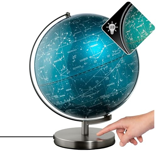 TROIKA Globus mit Sternenkarte beleuchtet Touch Funktion 30cm Durchmesser STELLAR LIGHT TOUCH Beleuchtung inkl. Ladestecker auf gebürstetem Metallfuß aus Kunststoff und Metall in blau