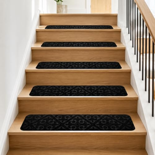 15Pcs Stair Treads Carpet for Wooden Steps, 76 * 20cm Peel and Stick Stair Treads Indoor with Adhesive, Reusable Stair Runner Carpet Non Slip stair mats Protectors for Staircases (Black, 76 * 20cm)