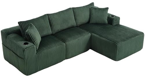 SHAIRMB Modulares Sofa Set mit Chaiselongue & 2-Sitzer, weicher Cordbezug, mit 5 Kissen, seitliche Taschen & Getränkehalter, hochdichter Schaumstoff, DIY-Kombination, für Wohnzimmer,Grün