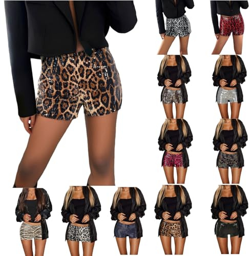 Generisch Pailletten Hose Kurz Damen Leoparden Hotpants Sexy Low Waist Shorts Elastische Taille Pailettenhose Kurze Sommerhose Glitzer Glänzend Shorts Tanz Rave Party Outfit Karneval Kostüm 2025
