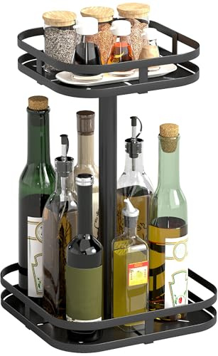 HOMCOM Gewürzregal 2-stufig 360° drehbarer Küchenregal mit Erhöhtem Ränder Saugfüße Stehend Gewürzständer Gewürzkarussell Küchen Organizer Gewürzhalter für Küchentheke Esstisch Schwarz