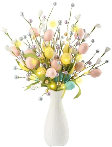 Xbessc 5 Stück Blumenzweige Ostern 40cm Osterdeko Schaumstoff Eierbaum | Künstliche Osterdekoration Bunte Blumenstrauß Wiederverwendbar Osterzweige mit 1 Grünes Band für Tischplatte Flur Fenster