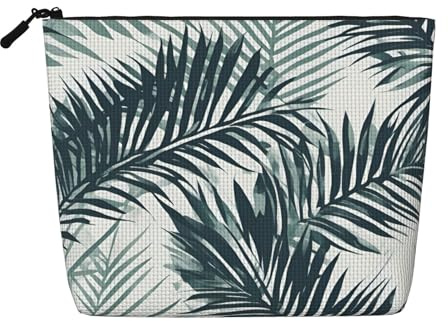 Transparent Palm Leaf Pattern Daily Pouch Cosmetic Bag Fake Hemp Large Organizer for Travel Toiletry Water Resistant