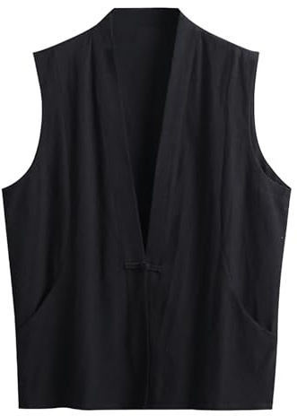 2026 Gilet Estivo da Uomo in Cotone e Lino con Design a Fibbia Pan per Attività Sportive e Tempo Libero, Nero , 5XL