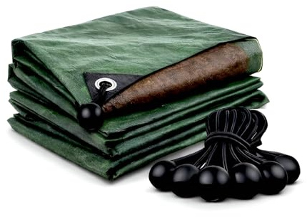 5 x 5 m Heavy Duty Tarpaulin 220 GSM Green Brown Poly Tarp Sheet with Eyelets and Reinforced Edges - Waterproof UV Resistant Cover for Garden, Camping, DIY, Construction - Includes 10 Bungee Ball Ties