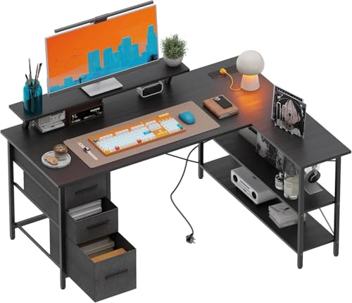 Xyphren Skrivbord L-form med 3 tyg lådor, 120 * 80 cm vändbart hörnskrivbord med monitorställare, eluttag och USB-laddport för hemmakontor, svart