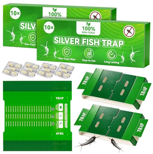Trampa para Pececillos de Plata – Pack de Trampas Adhesivas con Cebo Natural, Antilepismas y Pececillos de Papel No Tóxico para Baño y Cocina, Control de Plagas (20)
