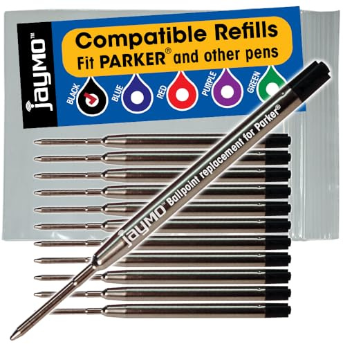 Jaymo - 12 - Recargas de tinta negros compatible con bolígrafos Parker®. Tinta alemana con escritura fluido y punta media de 1 mm. # 1782467